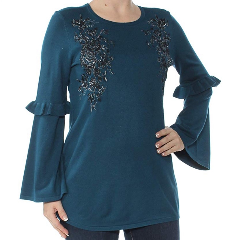 alfani’s pullover bell sleeve embroidered top